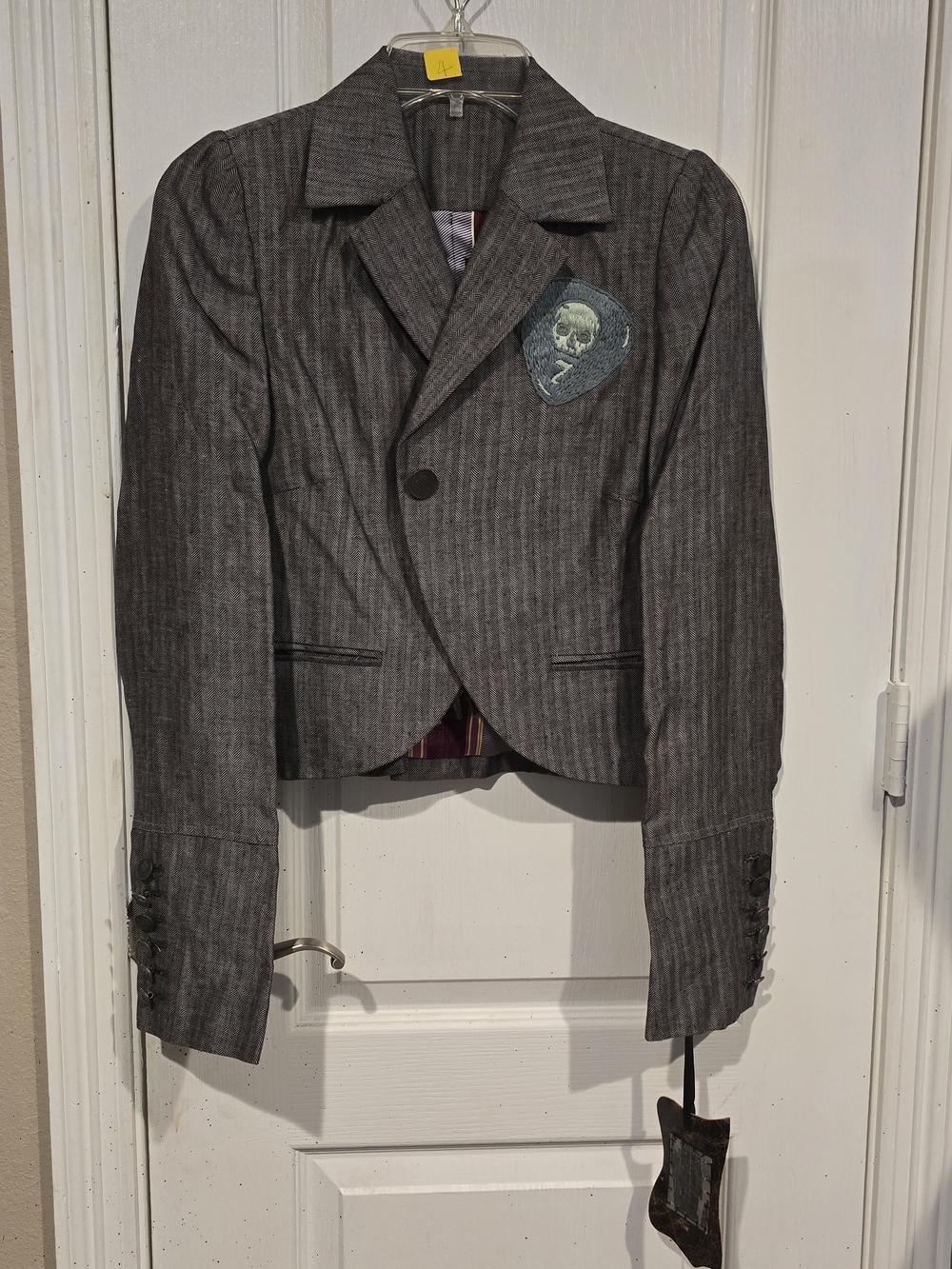 Asylum Raw 7 YTK Gray Pinstripe Cropped Blazer Jacket with Skull Patch